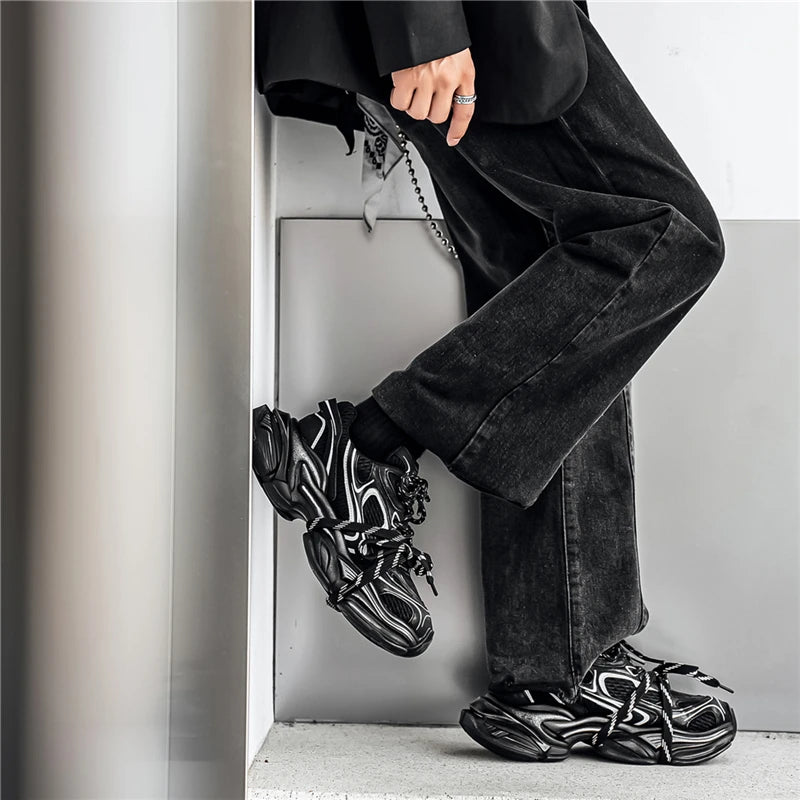 Four-season Thick-soled Height-increasing Spliced Mesh Breathable and Anti-slip Round-toe Lace-up Fashionable Sports Shoes