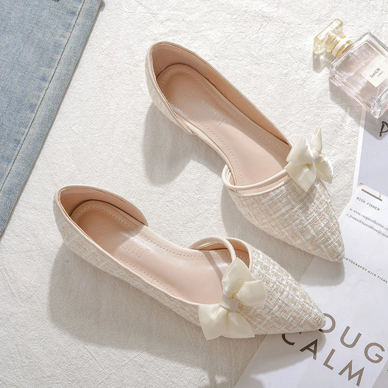 Shoes for Women with Bow Pointed Toe Evening White Woman Flats Elegant and Fashionable on Sale 2025 Trend Popular Vacation Young