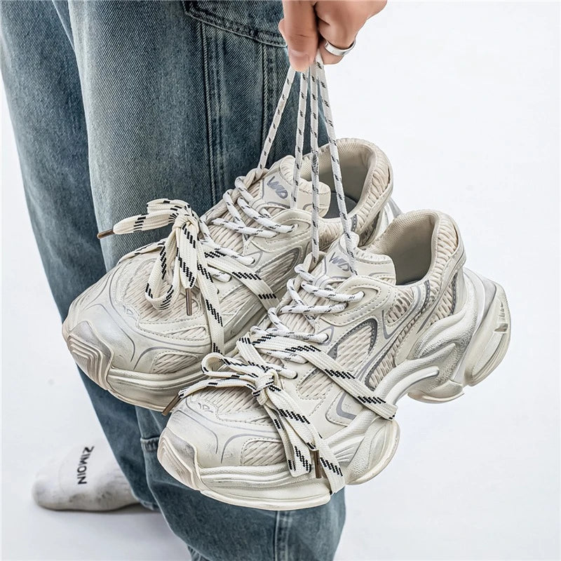 Four-season Thick-soled Height-increasing Spliced Mesh Breathable and Anti-slip Round-toe Lace-up Fashionable Sports Shoes