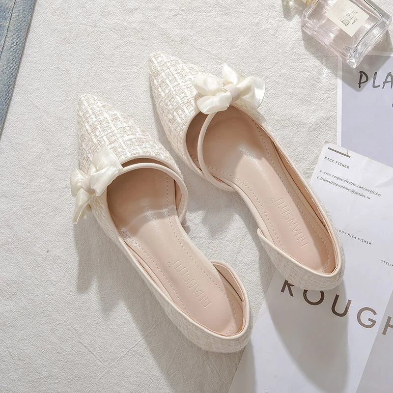Shoes for Women with Bow Pointed Toe Evening White Woman Flats Elegant and Fashionable on Sale 2025 Trend Popular Vacation Young