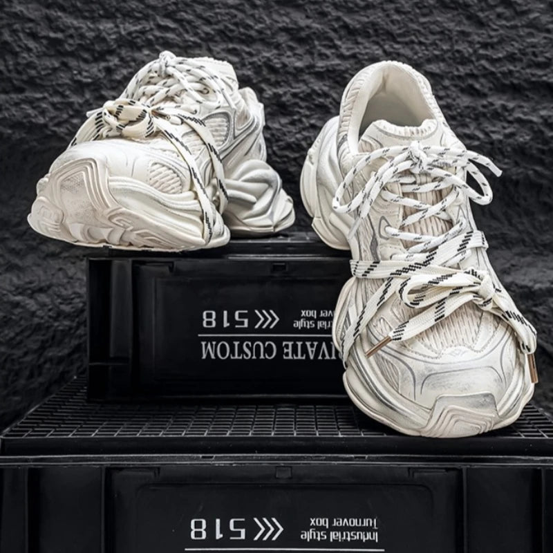 Four-season Thick-soled Height-increasing Spliced Mesh Breathable and Anti-slip Round-toe Lace-up Fashionable Sports Shoes