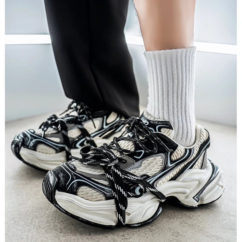 Four-season Thick-soled Height-increasing Spliced Mesh Breathable and Anti-slip Round-toe Lace-up Fashionable Sports Shoes