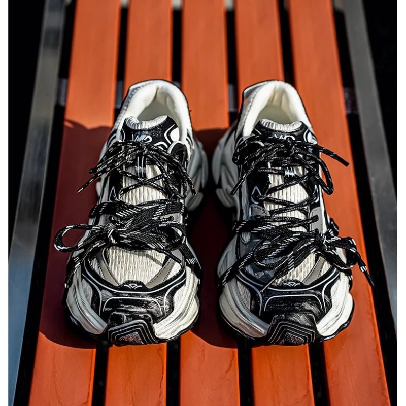 Four-season Thick-soled Height-increasing Spliced Mesh Breathable and Anti-slip Round-toe Lace-up Fashionable Sports Shoes
