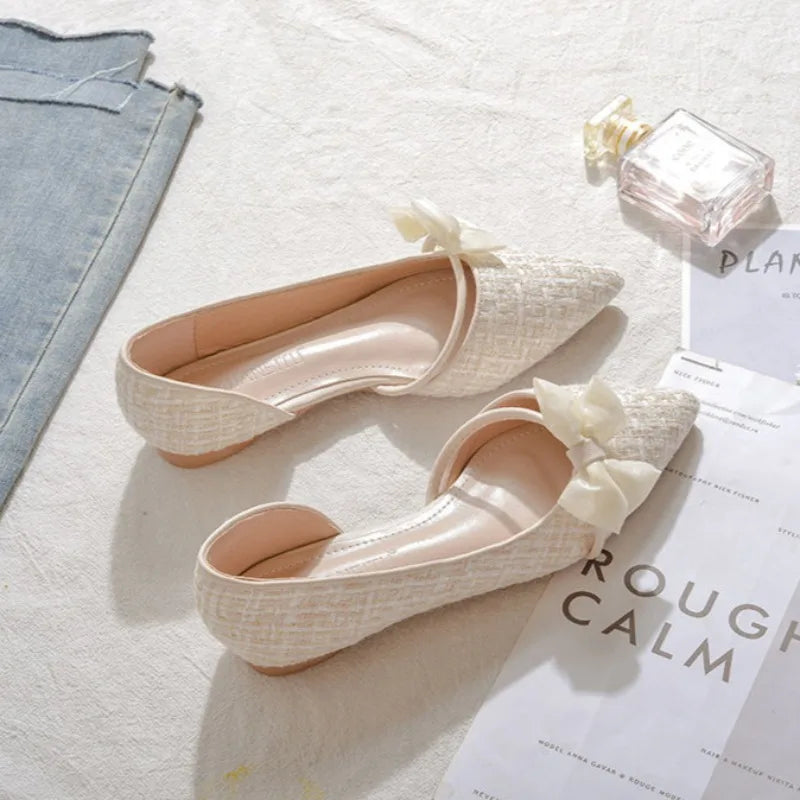 Shoes for Women with Bow Pointed Toe Evening White Woman Flats Elegant and Fashionable on Sale 2025 Trend Popular Vacation Young