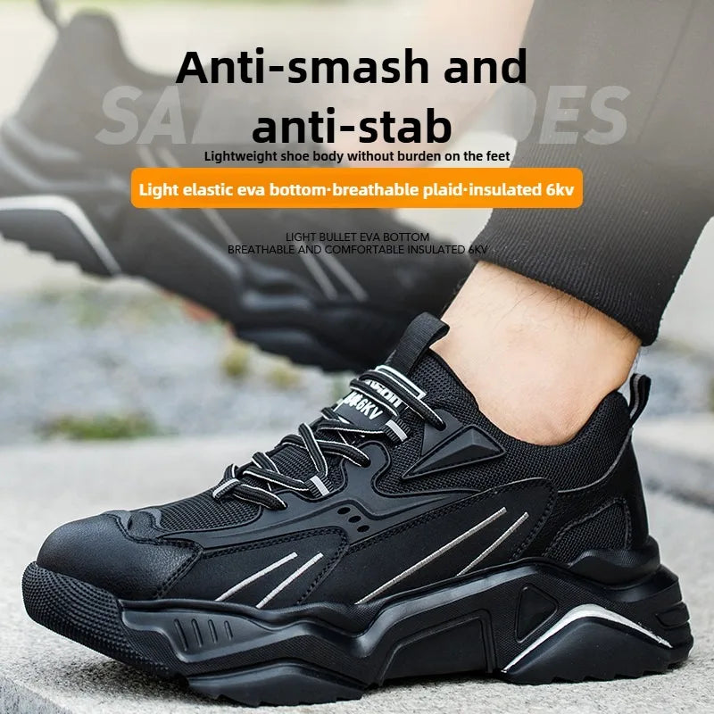 Handsome Black Safety Shoes Lightweight Steel Toe   Anti Smash Puncture Proof Kevlar Soft Sole Insulated Work Sneakers Men Women