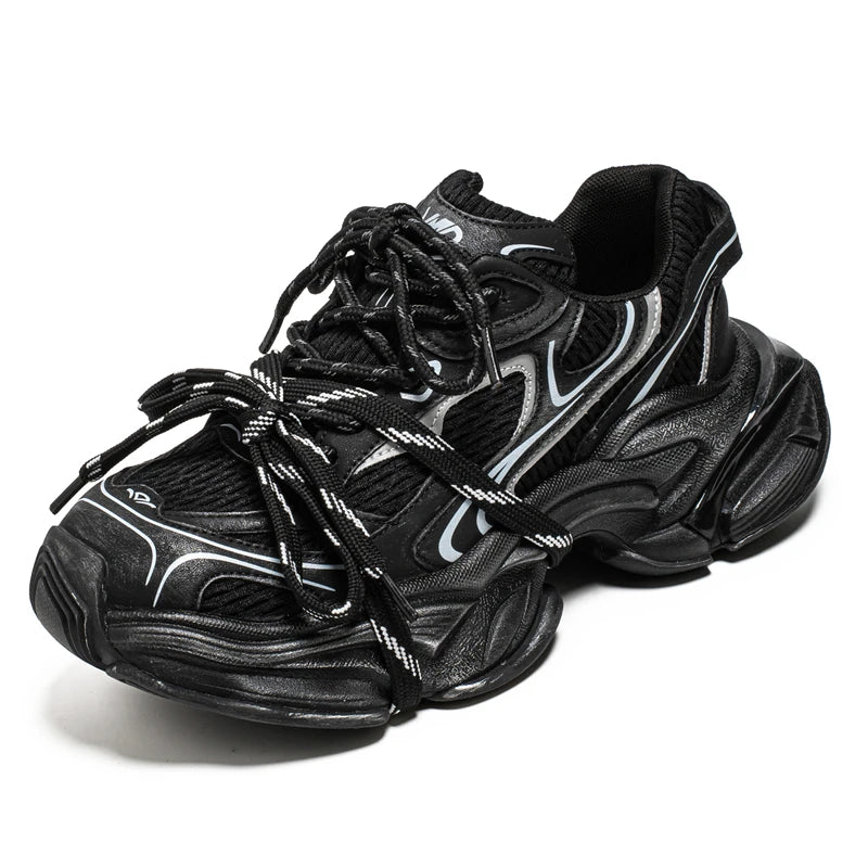 Four-season Thick-soled Height-increasing Spliced Mesh Breathable and Anti-slip Round-toe Lace-up Fashionable Sports Shoes